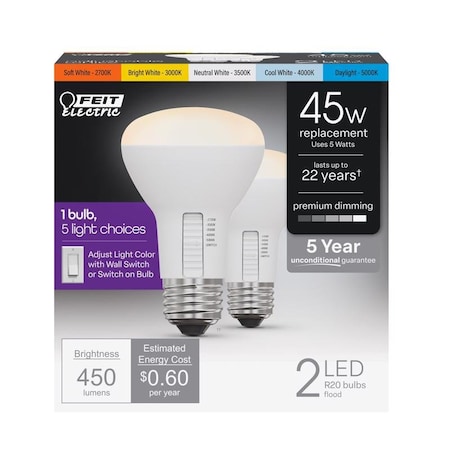 Feit Electric Feit R20 E26 (Medium) LED Bulb Adjustable White 45 Watt Equivalence 2 pk R20DM/6WYCA/2